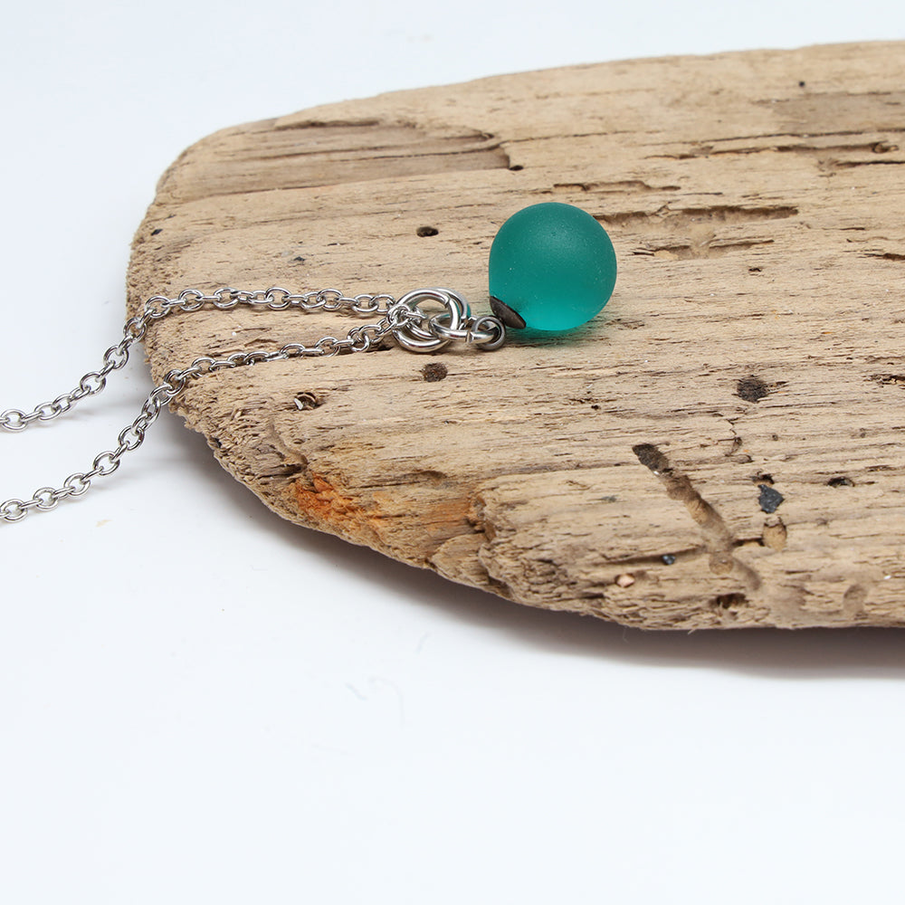 Frosted Teal Sphere Charm Stainless Steel Necklace