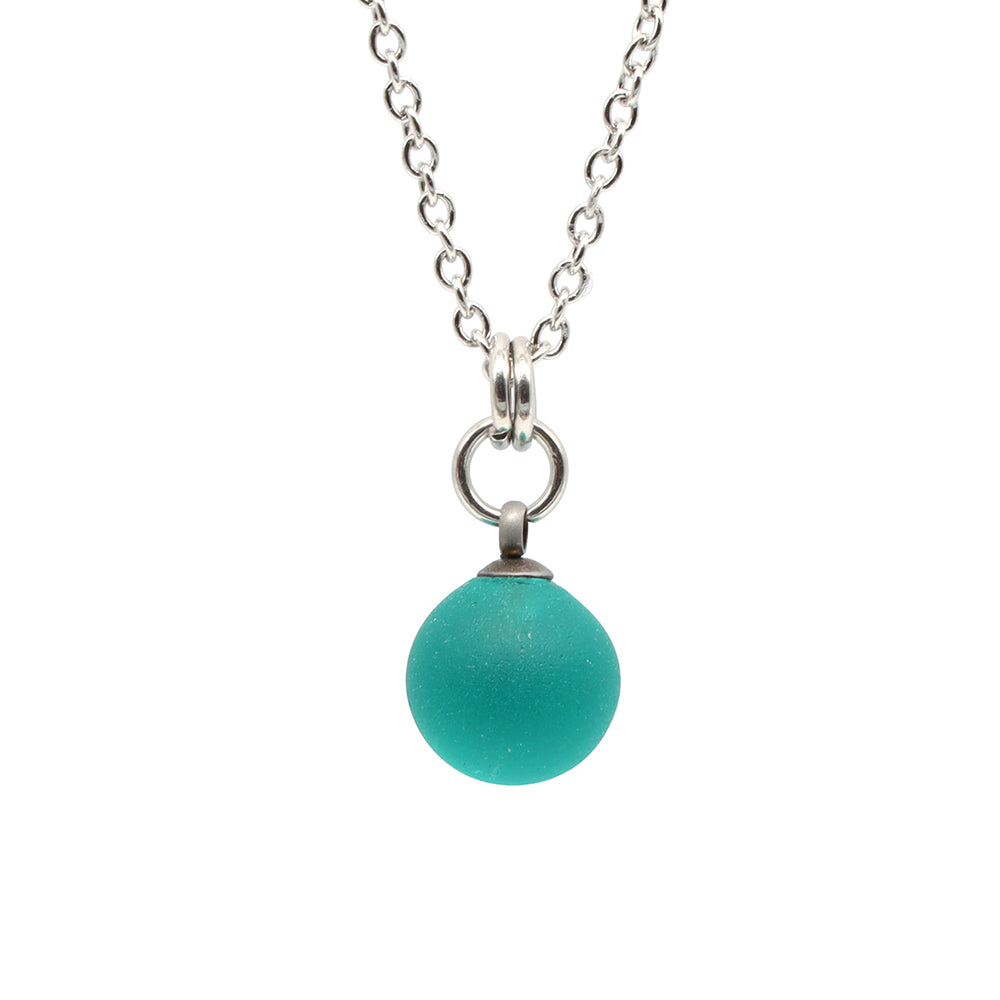 Frosted Teal Sphere Charm Stainless Steel Necklace