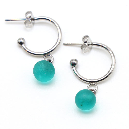 Frosted Teal Glass Half Hoop Earrings