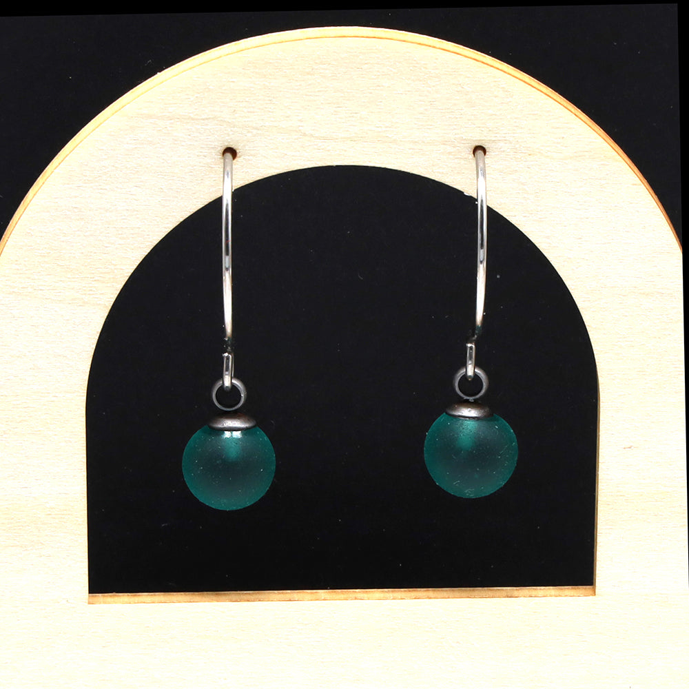 Frosted Teal Glass Hook Earrings