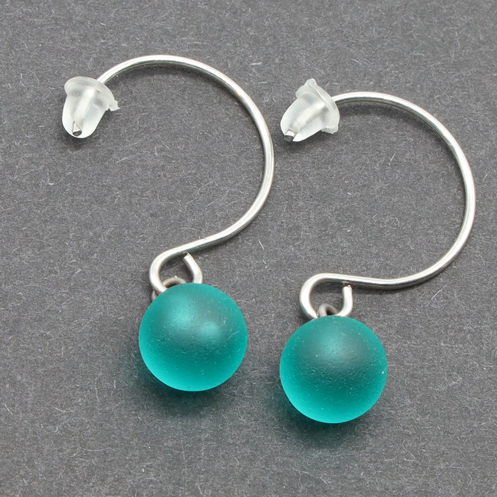 Frosted Teal Glass Hook Earrings