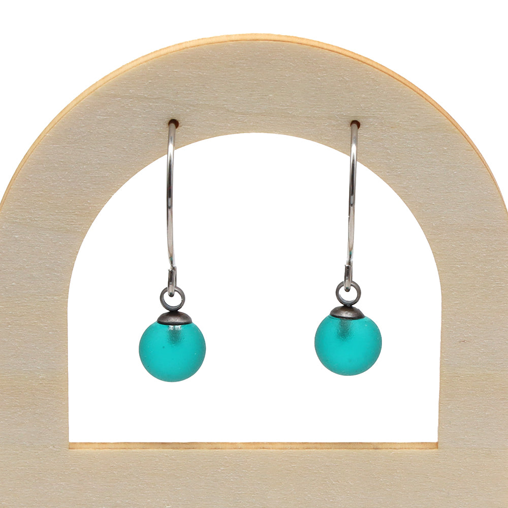 Frosted Teal Glass Hook Earrings