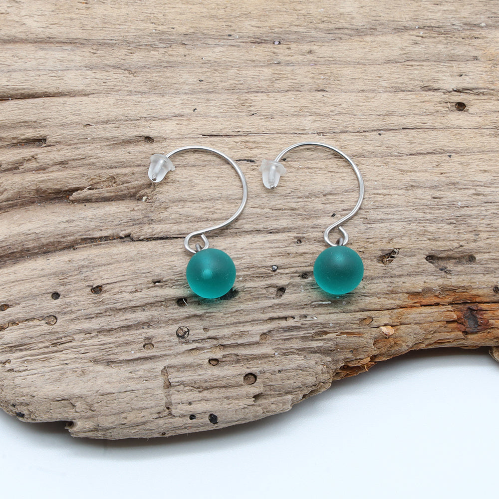 Frosted Teal Glass Hook Earrings