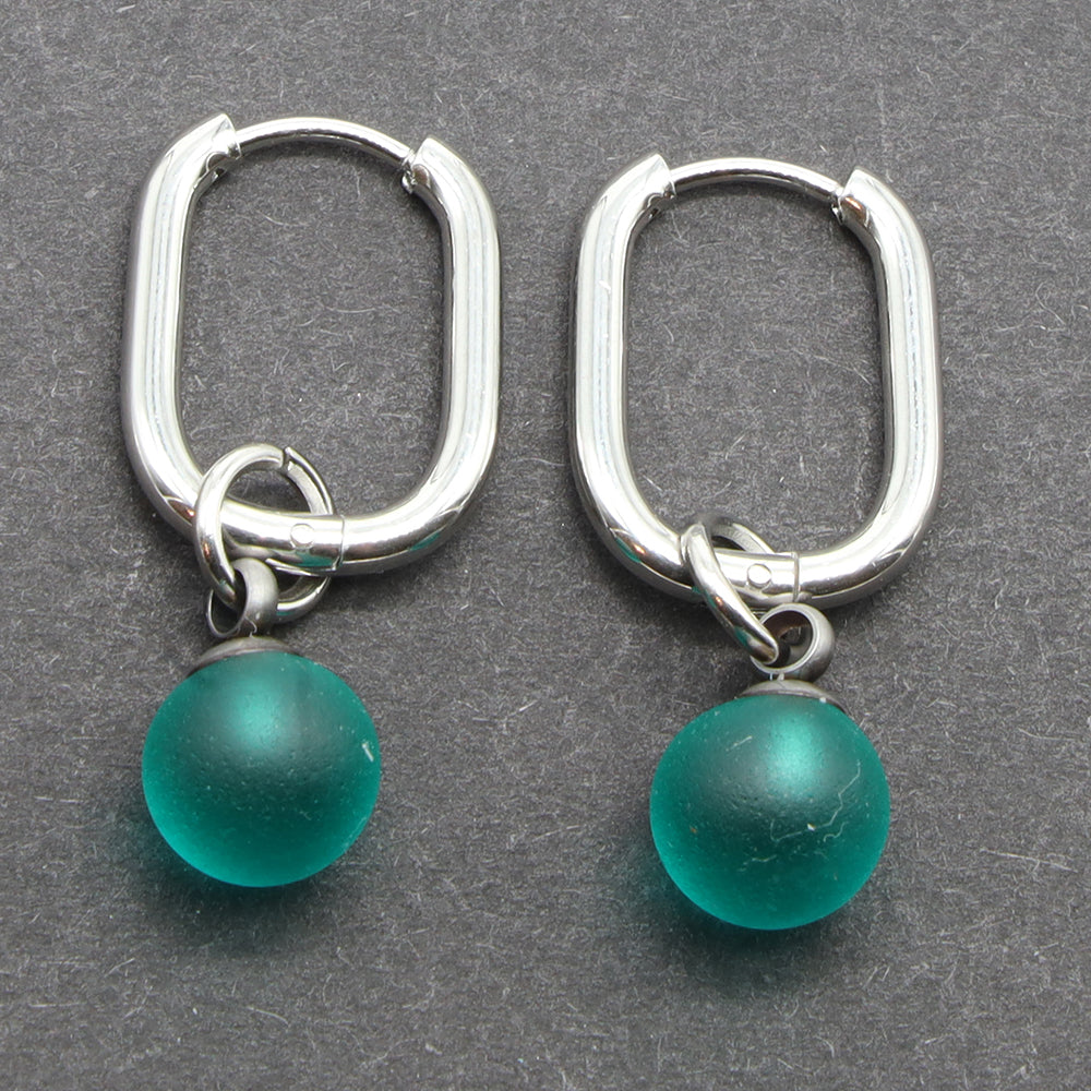 Frosted Teal Glass Oval Hoop Earrings