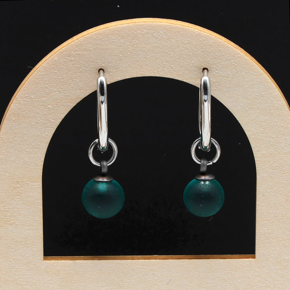 Frosted Teal Glass Oval Hoop Earrings
