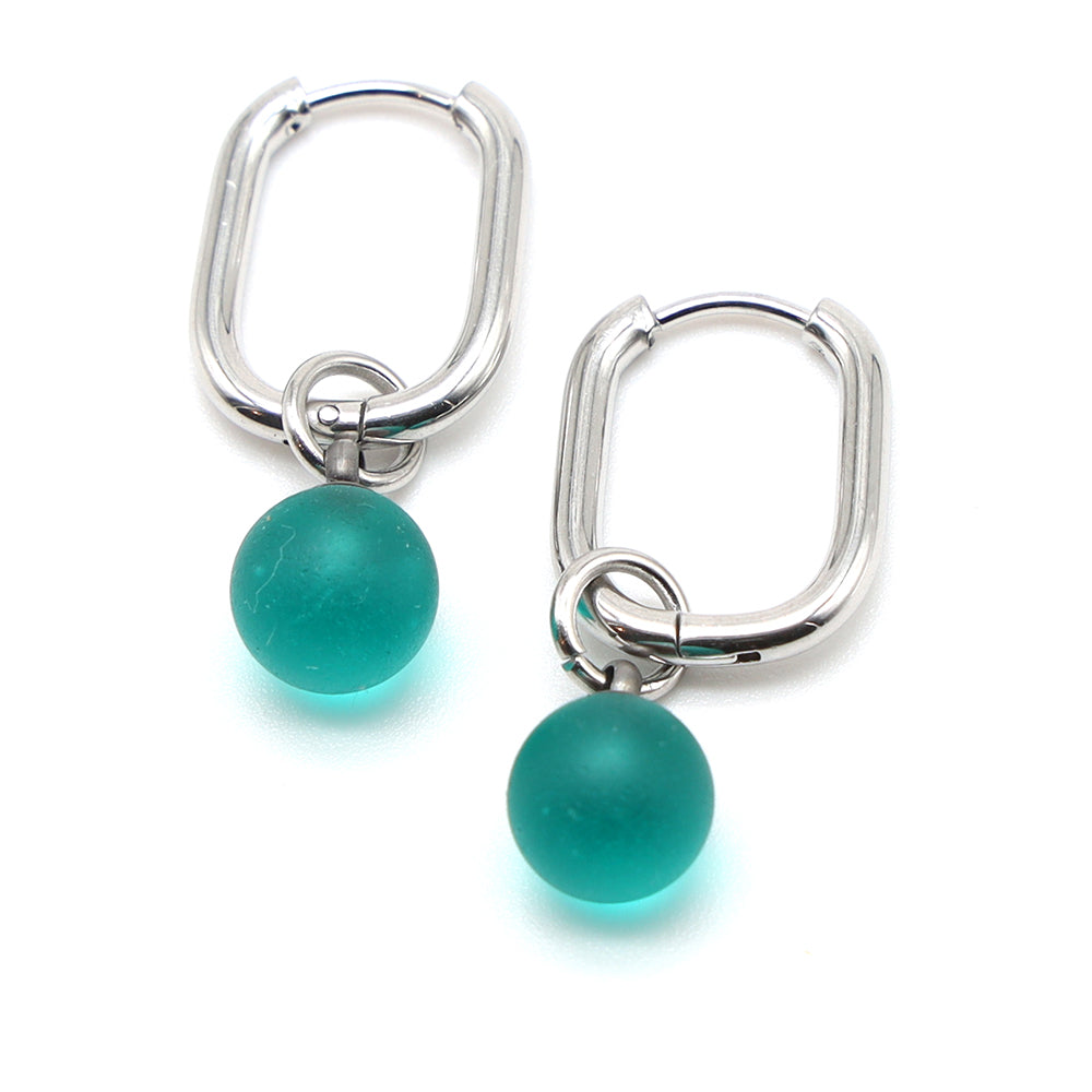 Frosted Teal Glass Oval Hoop Earrings