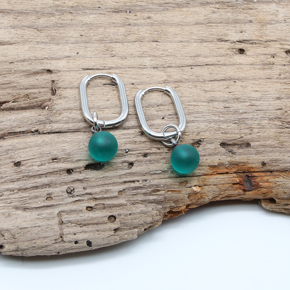 Frosted Teal Glass Oval Hoop Earrings