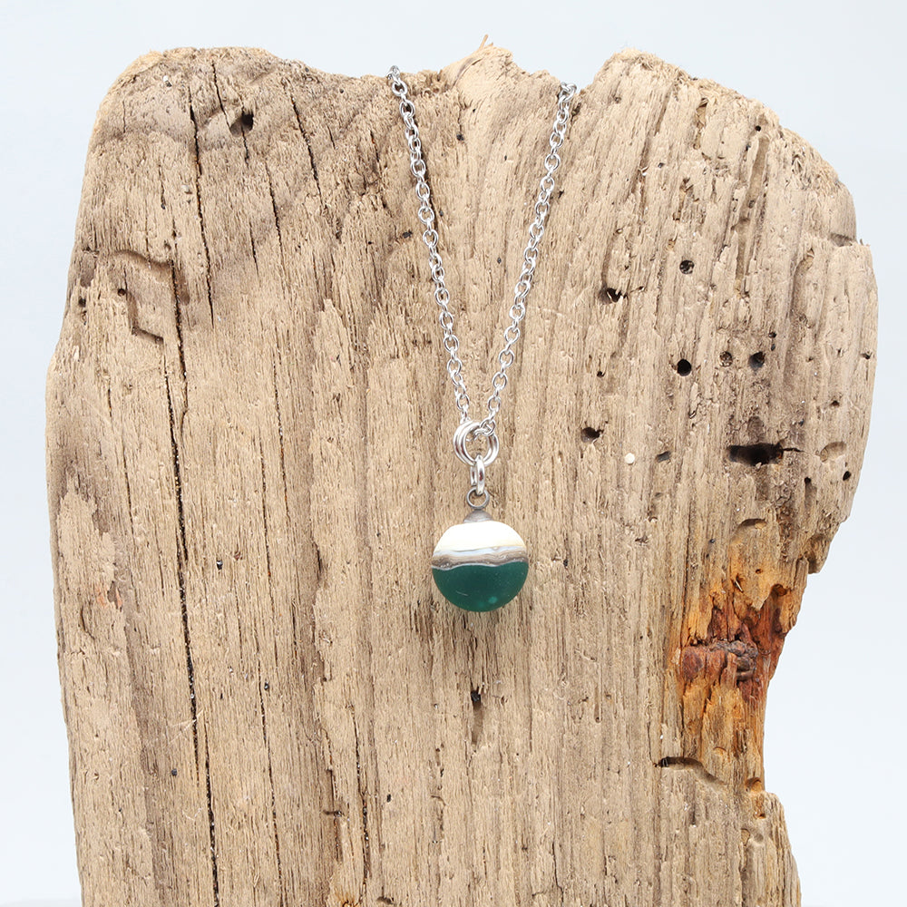 Teal and Ivory Sphere Charm Stainless Steel Necklace