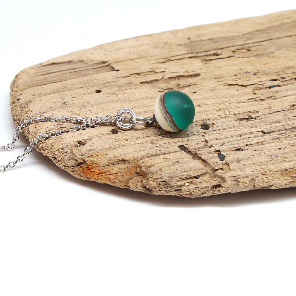 Teal and Ivory Sphere Charm Stainless Steel Necklace