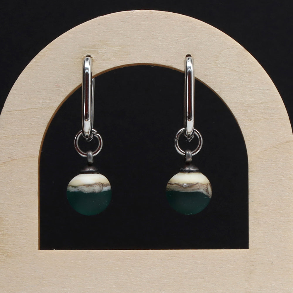 Frosted Teal and Ivory Glass Oval Hoop Earrings