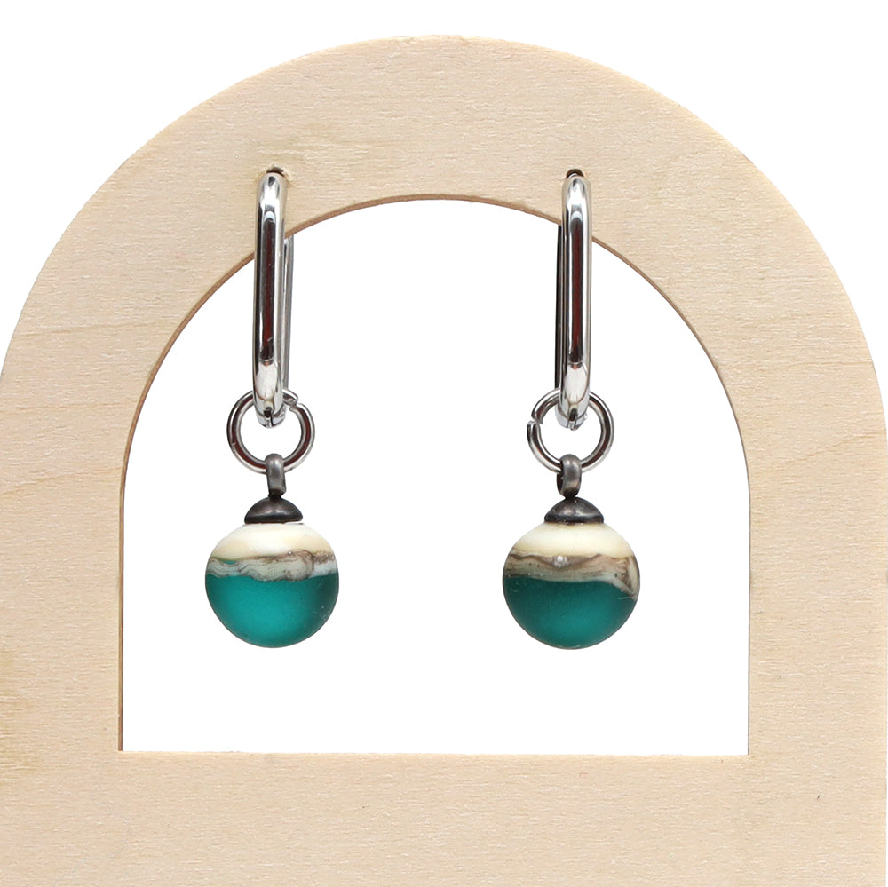 Frosted Teal and Ivory Glass Oval Hoop Earrings