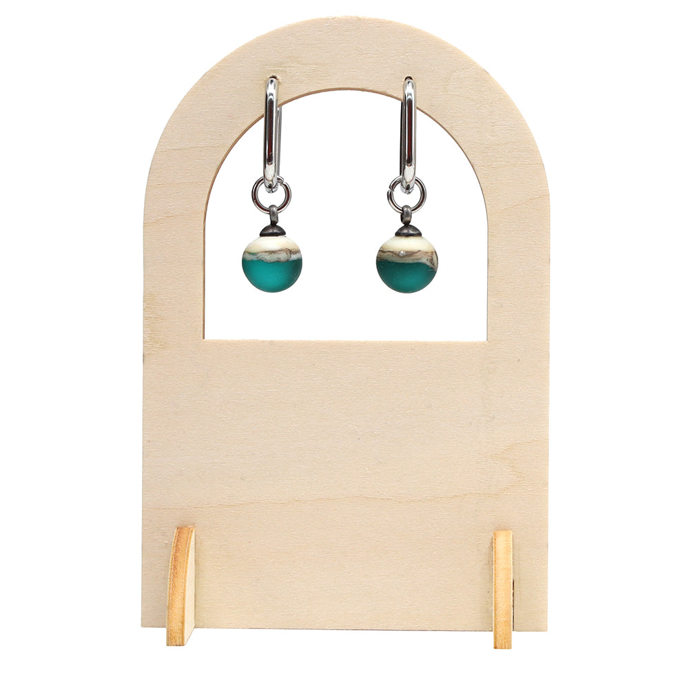 Frosted Teal and Ivory Glass Oval Hoop Earrings