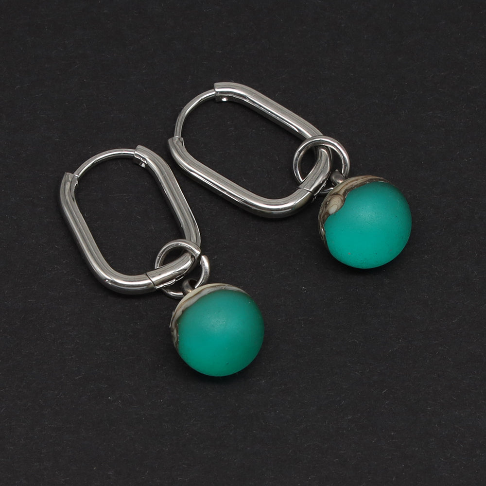 Frosted Teal and Ivory Glass Oval Hoop Earrings