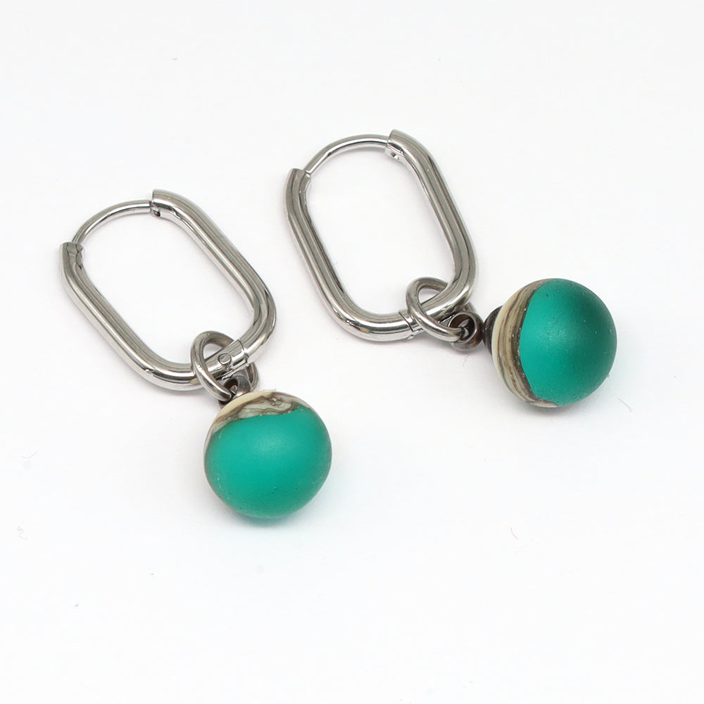 Frosted Teal and Ivory Glass Oval Hoop Earrings