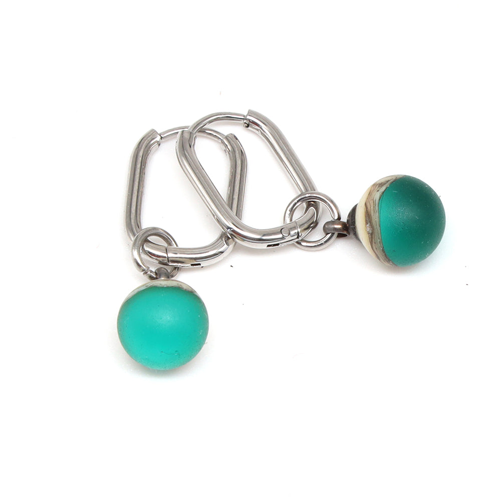 Frosted Teal and Ivory Glass Oval Hoop Earrings
