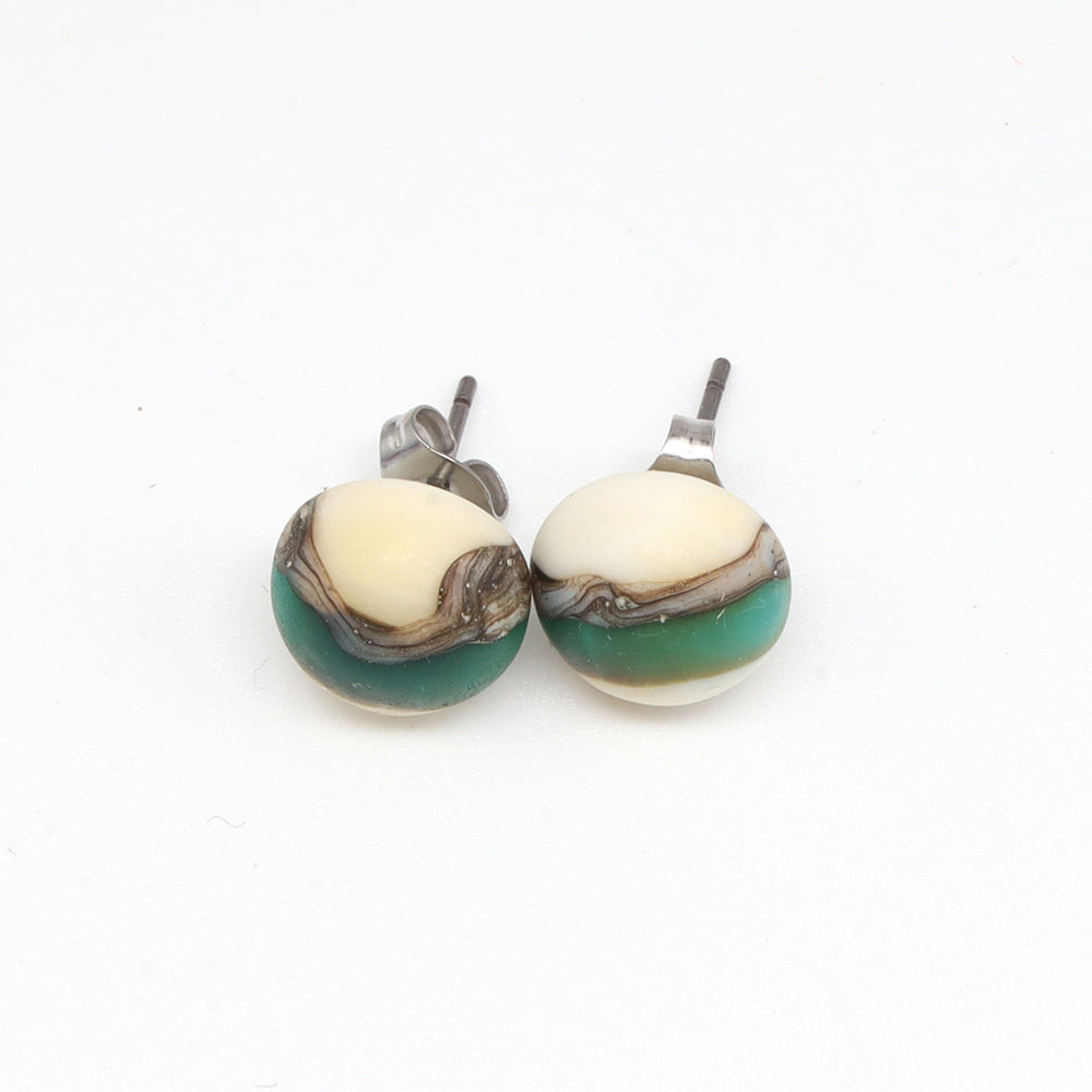 Frosted Teal and Ivory Glass Stud Earrings
