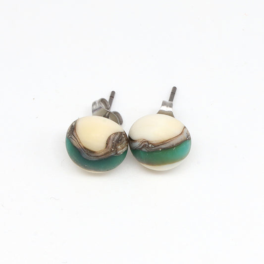 Frosted Teal and Ivory Glass Stud Earrings