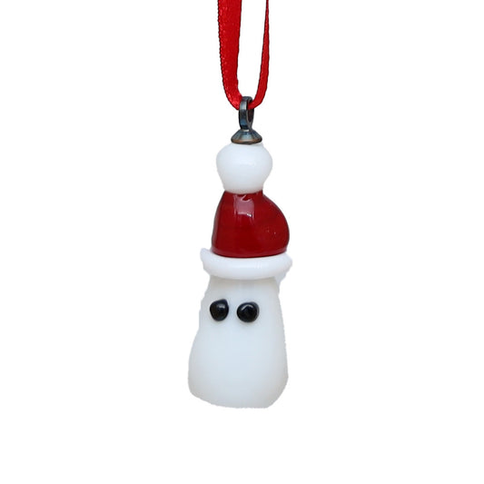 White glass ghost with red and white santa hat hanging from a red ribbon.