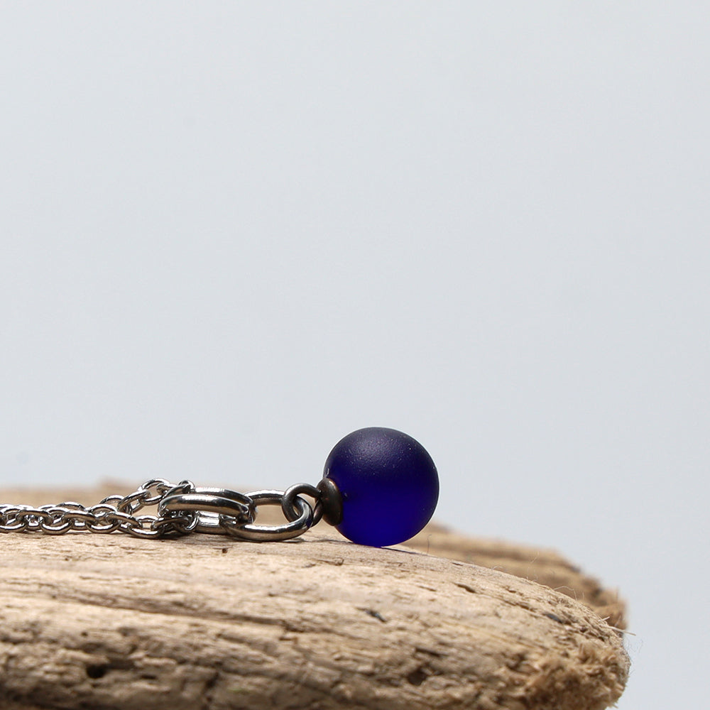 Frosted Dark Blue Ball Charm Stainless Steel Necklace
