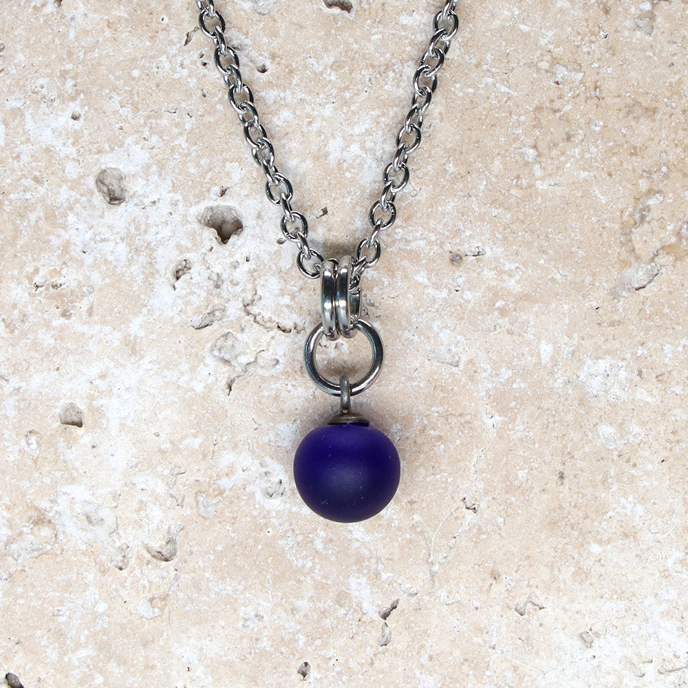 Frosted Dark Blue Ball Charm Stainless Steel Necklace