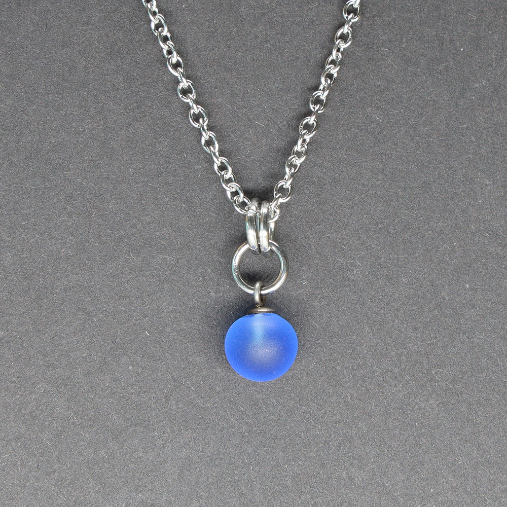 Frosted Mid Blue Ball Charm Stainless Steel Necklace