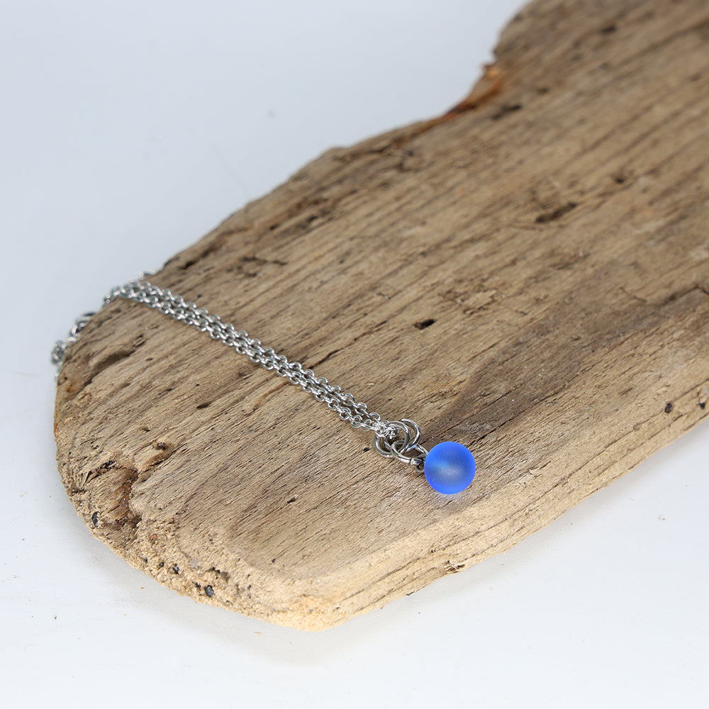Frosted Mid Blue Ball Charm Stainless Steel Necklace