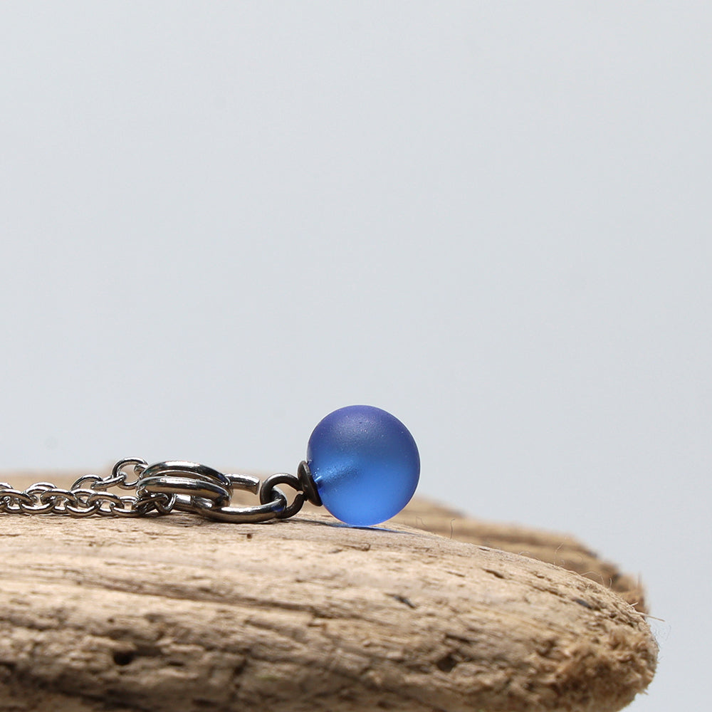 Frosted Mid Blue Ball Charm Stainless Steel Necklace