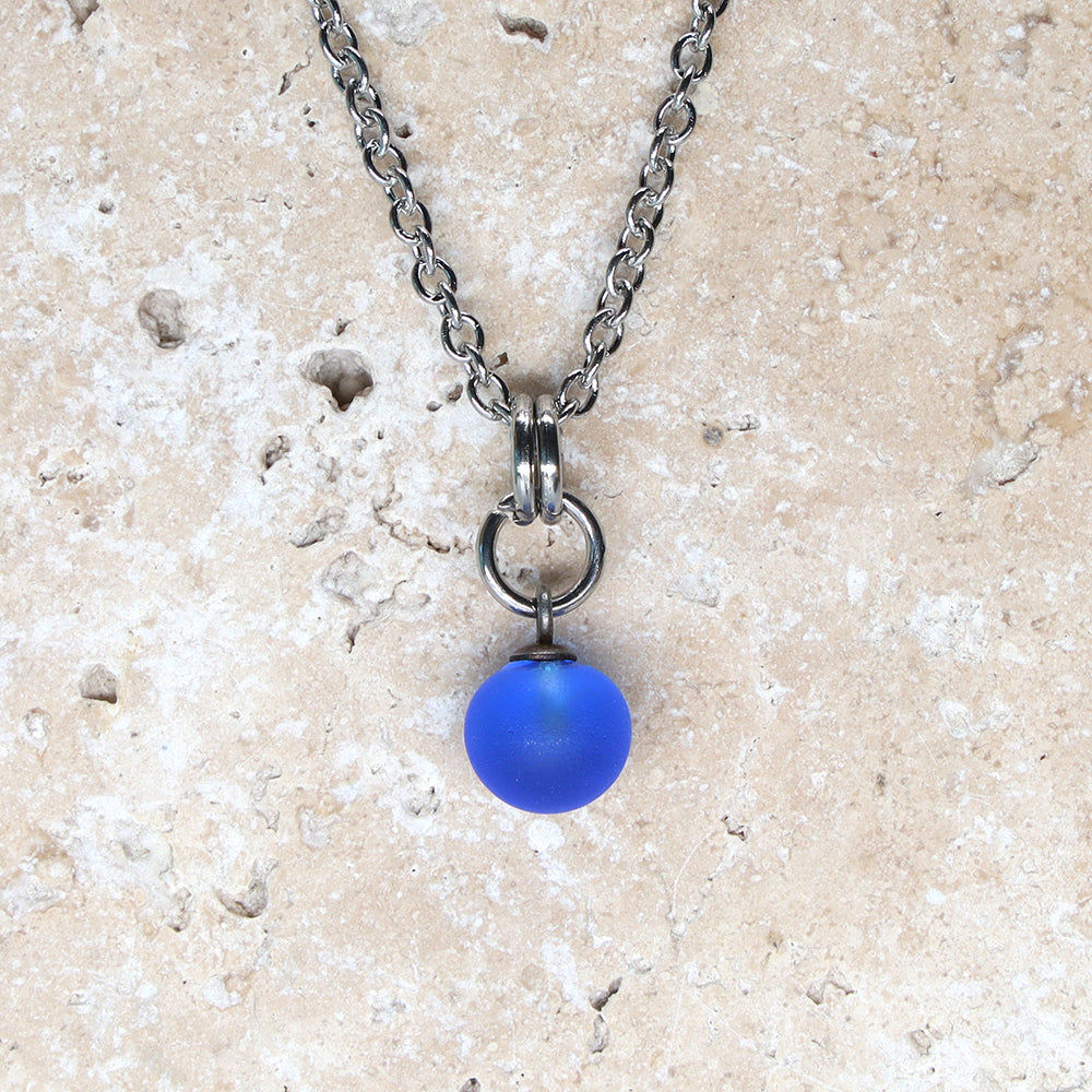 Frosted Mid Blue Ball Charm Stainless Steel Necklace