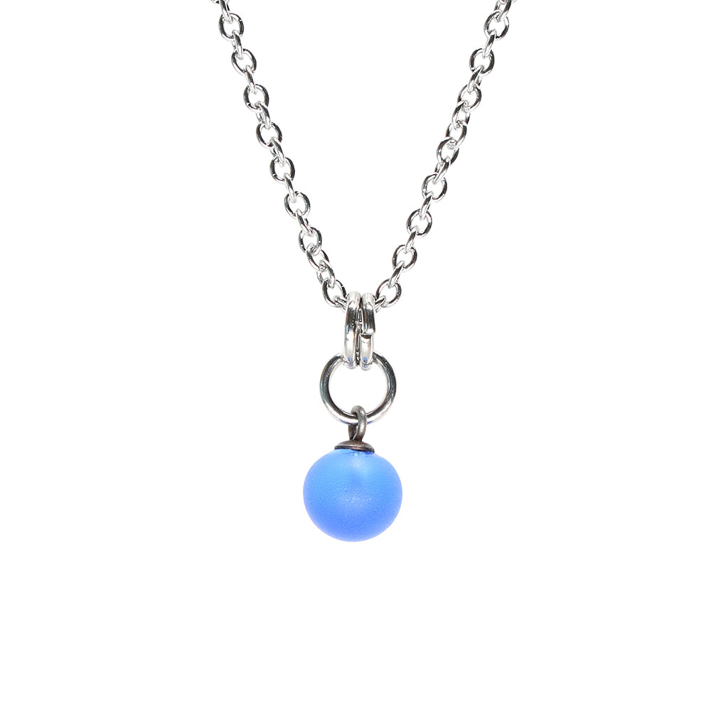 Frosted Mid Blue Ball Charm Stainless Steel Necklace
