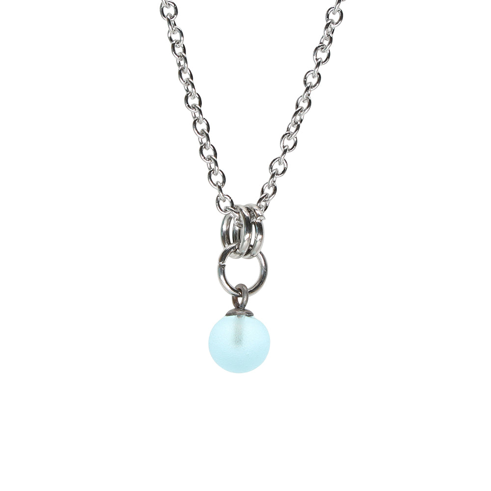Frosted Pale Blue Ball Charm Stainless Steel Necklace