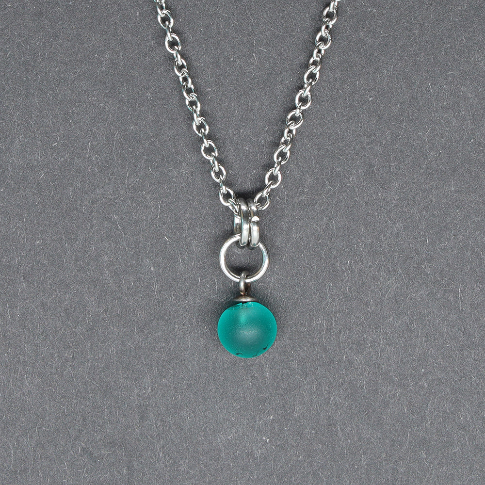 Frosted Teal Ball Charm Stainless Steel Necklace