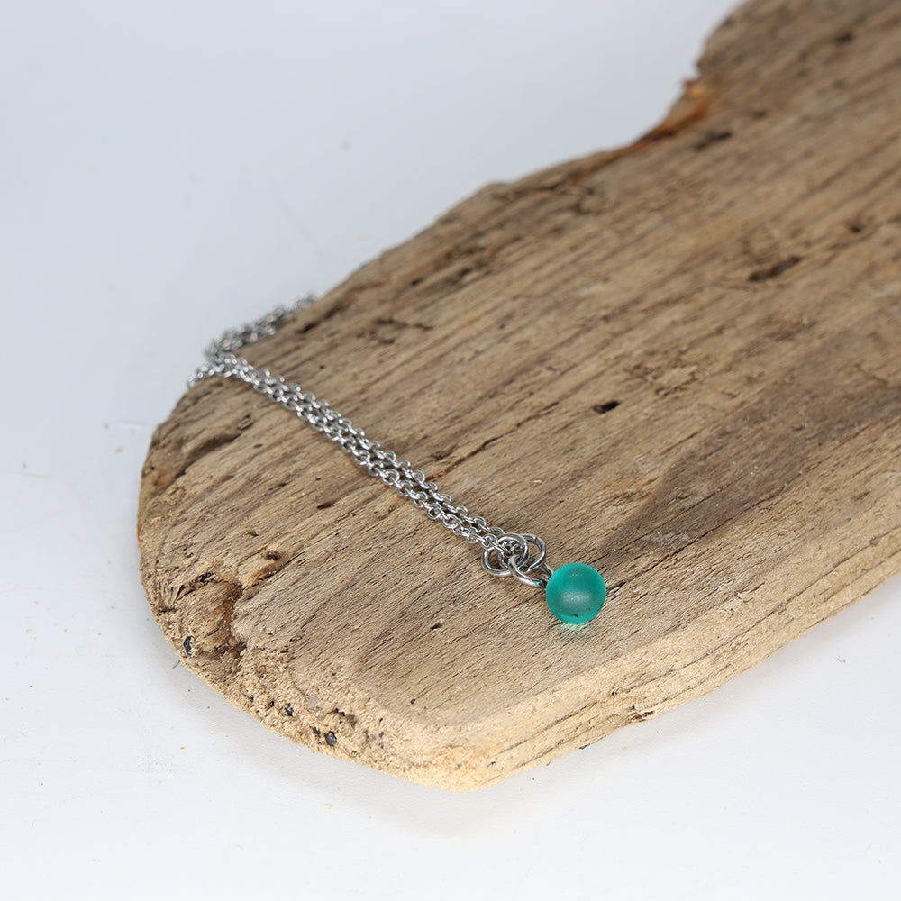 Frosted Teal Ball Charm Stainless Steel Necklace