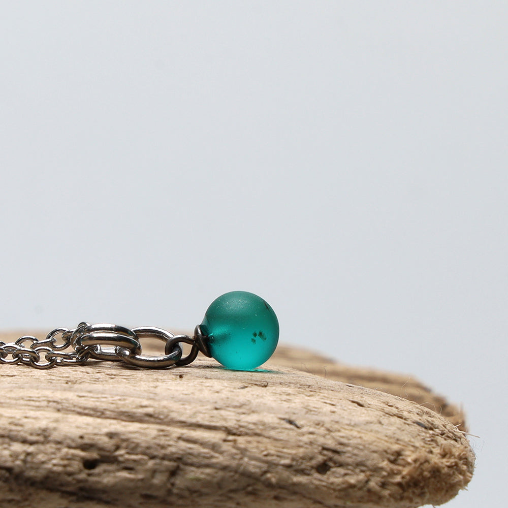 Frosted Teal Ball Charm Stainless Steel Necklace
