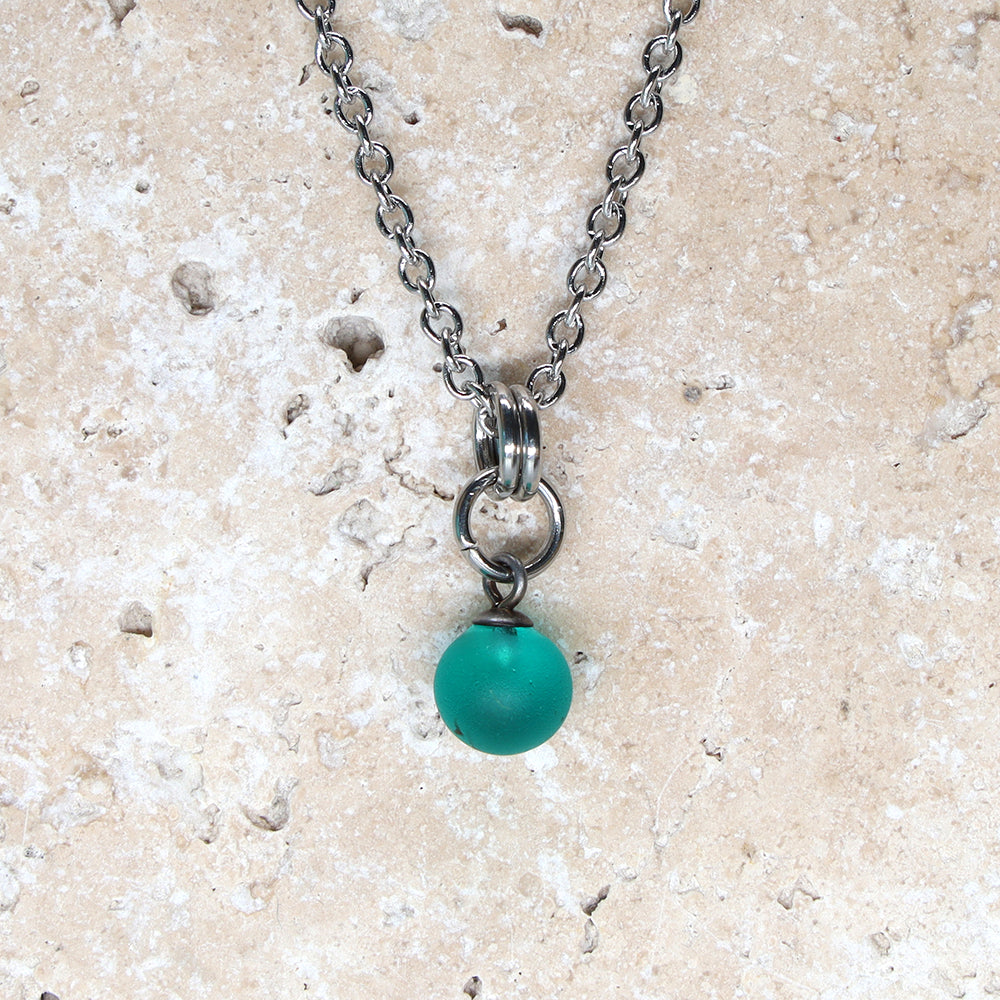 Frosted Teal Ball Charm Stainless Steel Necklace