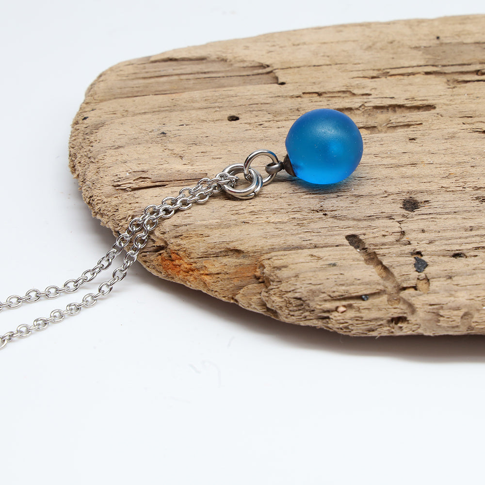 Frosted Turquoise Sphere Charm Stainless Steel Necklace