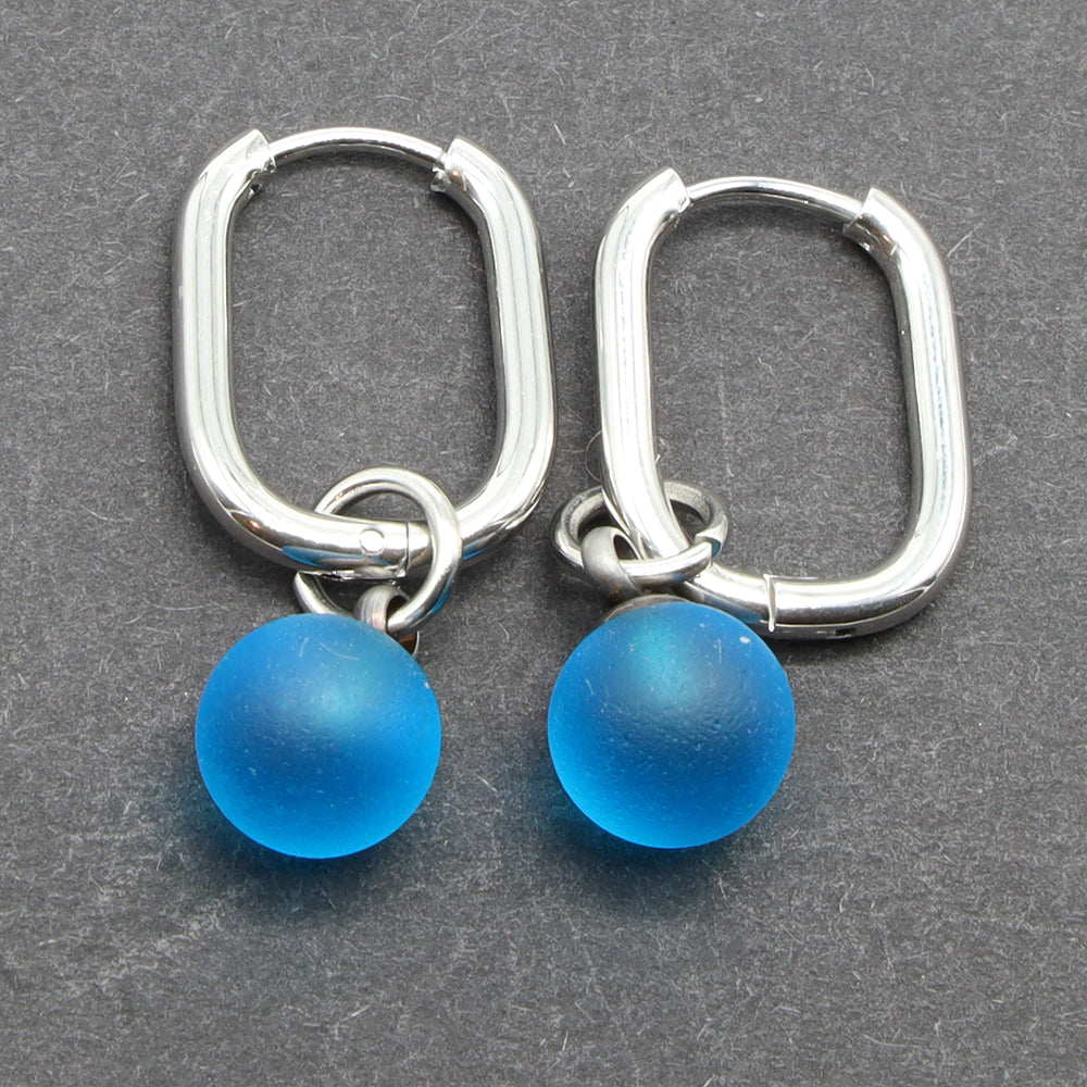 Frosted Turquoise Glass Oval Hoop Earrings
