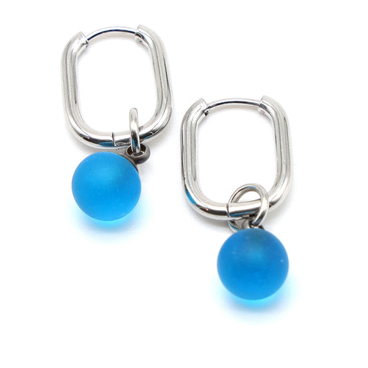 Frosted Turquoise Glass Oval Hoop Earrings