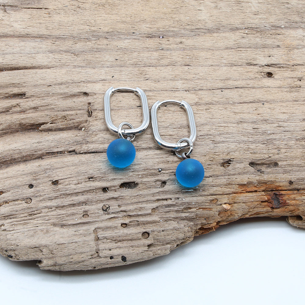 Frosted Turquoise Glass Oval Hoop Earrings