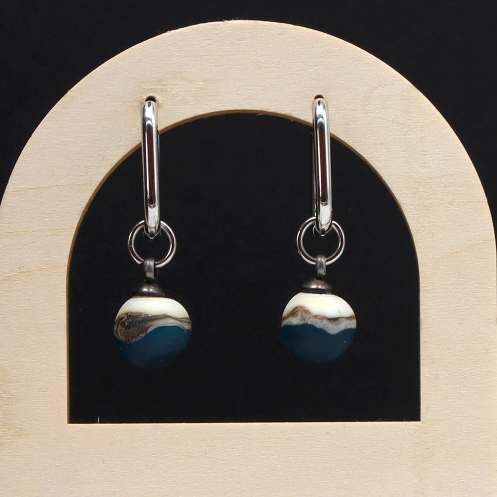 Frosted Turquoise and Ivory Glass Oval Hoop Earrings