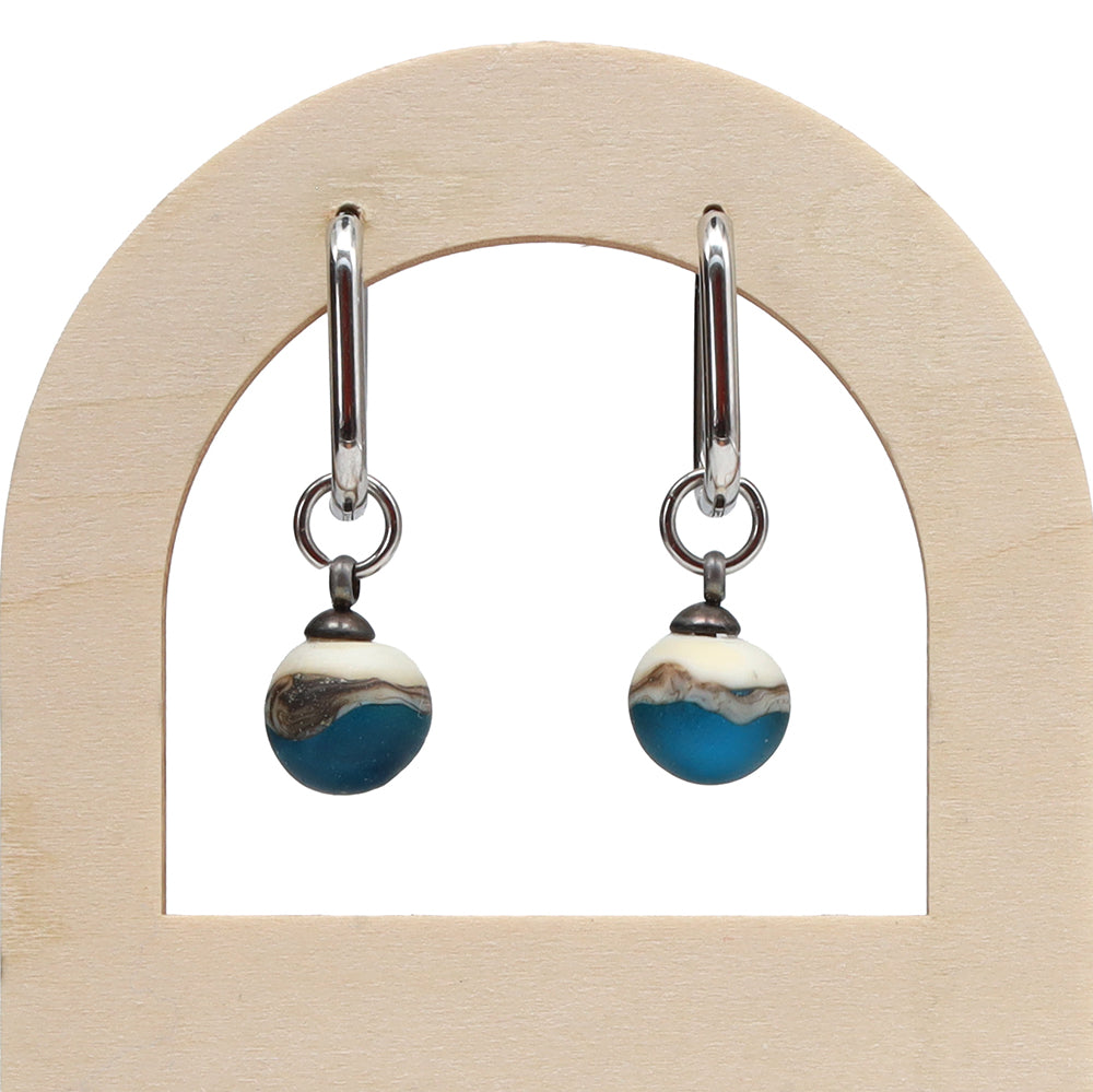 Frosted Turquoise and Ivory Glass Oval Hoop Earrings
