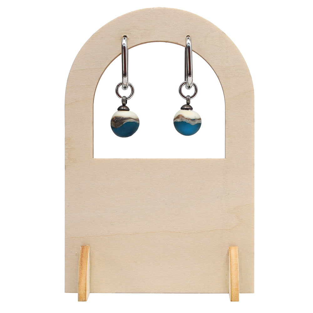 Frosted Turquoise and Ivory Glass Oval Hoop Earrings