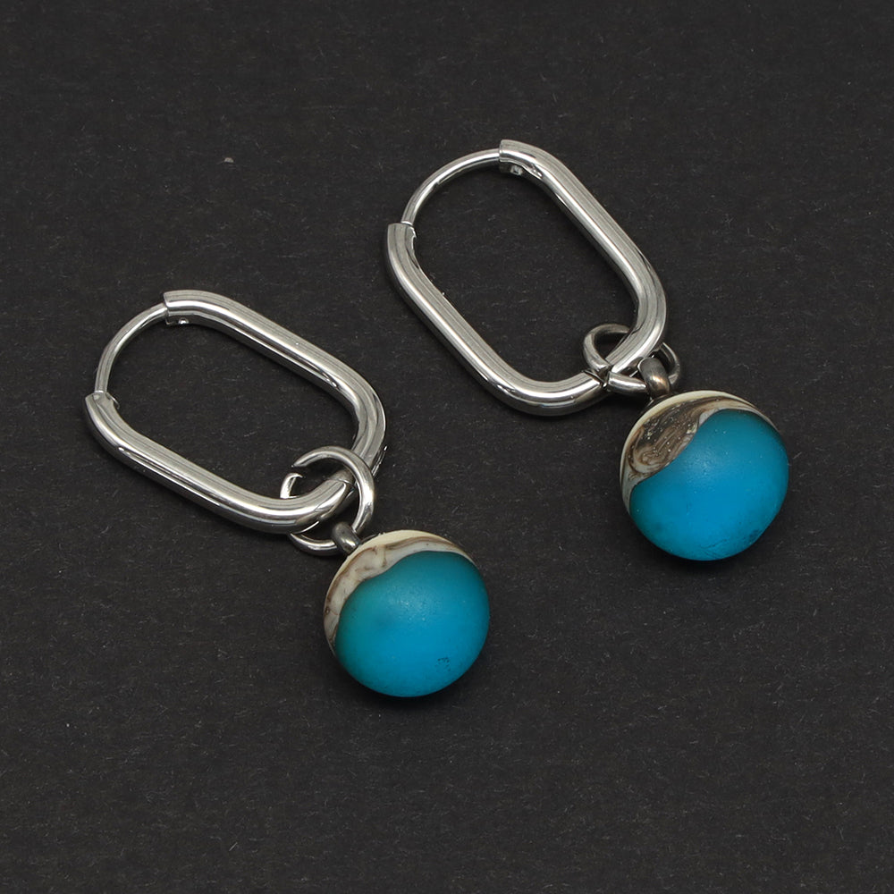 Frosted Turquoise and Ivory Glass Oval Hoop Earrings