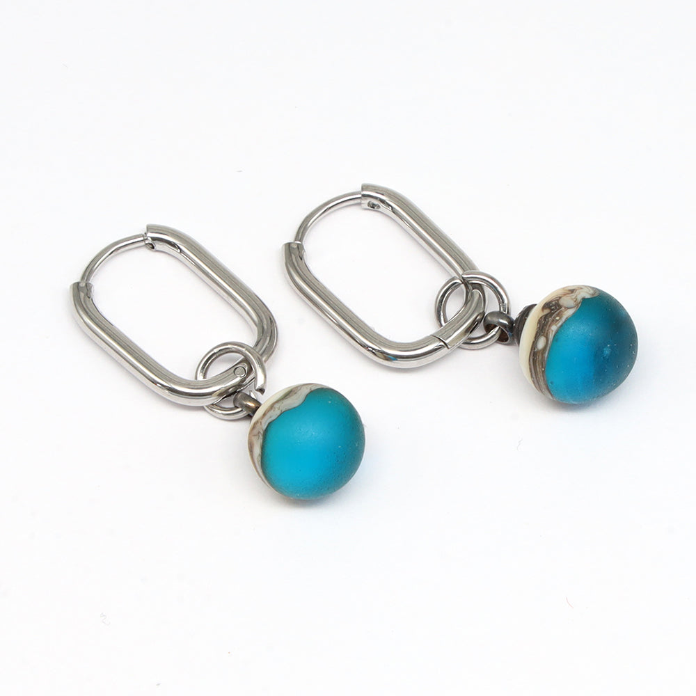 Frosted Turquoise and Ivory Glass Oval Hoop Earrings