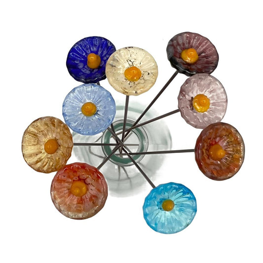 top down view of small glass vase with nine speckled daisy flowers, one in each colour