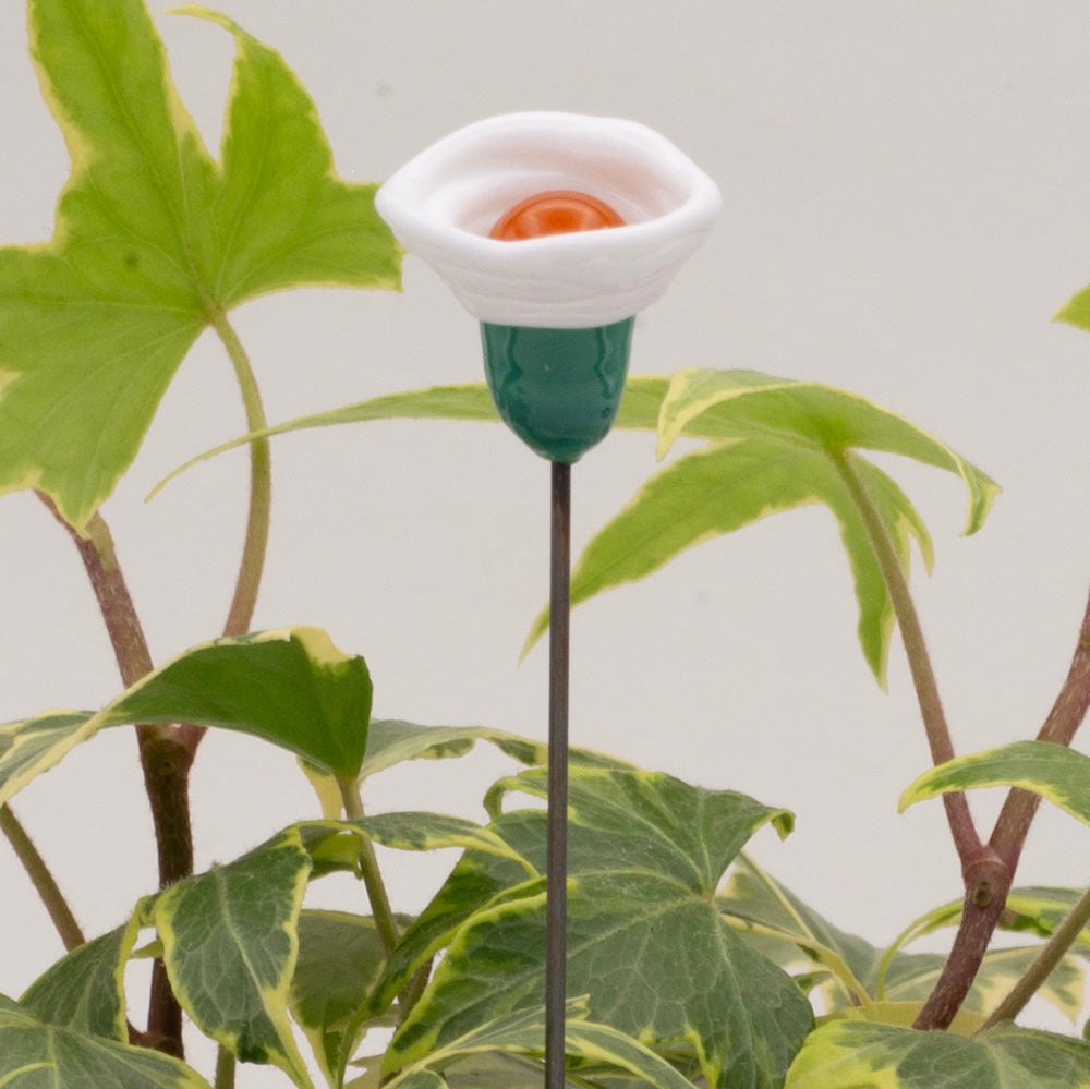 Close up of small plant decoration in a pot of ivy. The decoration is a stylised flower with green stem, white bowl and yellow centre.