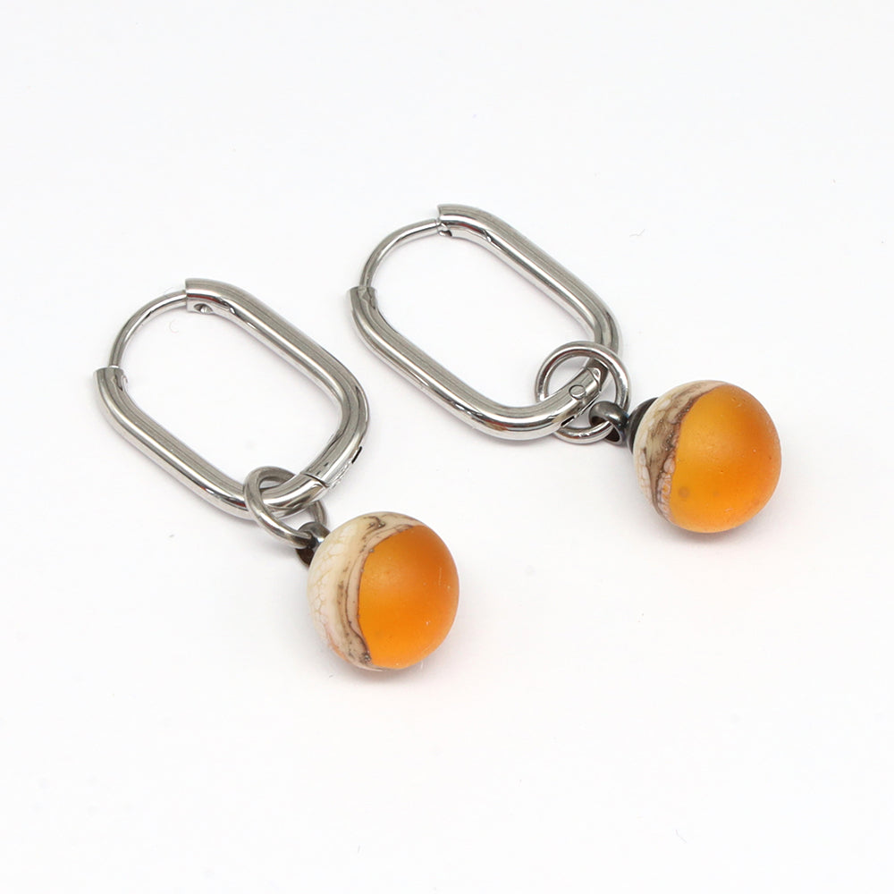 Frosted Yellow and Ivory Glass Oval Hoop Earrings